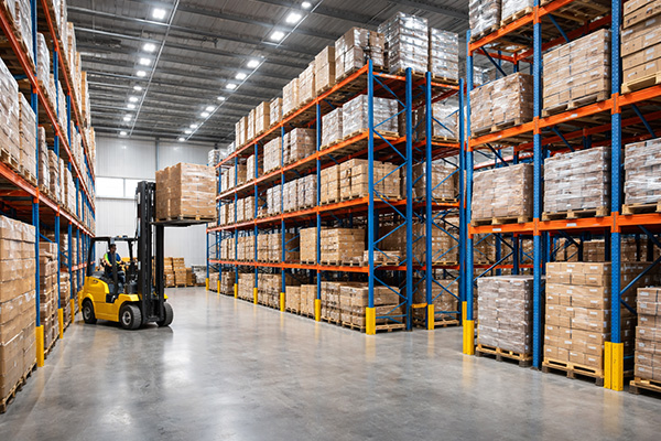 Pallet racking system in a modern warehouse showing organized storage, forklift operation, and efficient inventory management