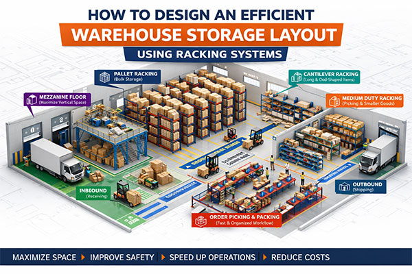 3D warehouse storage layout design featuring selective pallet, cantilever, and mezzanine racking systems for maximum space optimization.