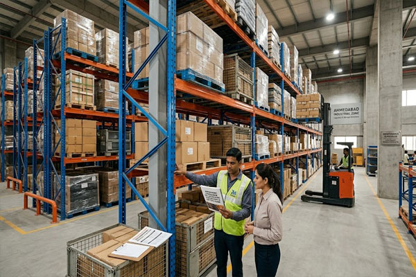 Warehouse-Pallet-Racking-System-Cost-&-Buyer-Guide-in-Ahmedabad Warehouse pallet racking system installation in Ahmedabad showing 4-level selective racks with forklift operation and organized storage capacity