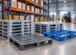 “Metal pallet carrying a secured industrial load beside a forklift in a warehouse.”