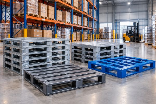 Metal Pallets for Industrial “Metal pallet carrying a secured industrial load beside a forklift in a warehouse.”
