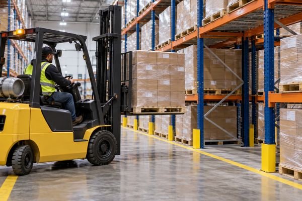 “Loaded forklift approaches a pallet rack bay from a warehouse aisle.”