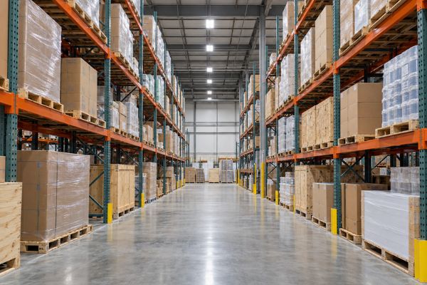 “Selective pallet racks holding loaded pallets of different sizes in a warehouse aisle.”